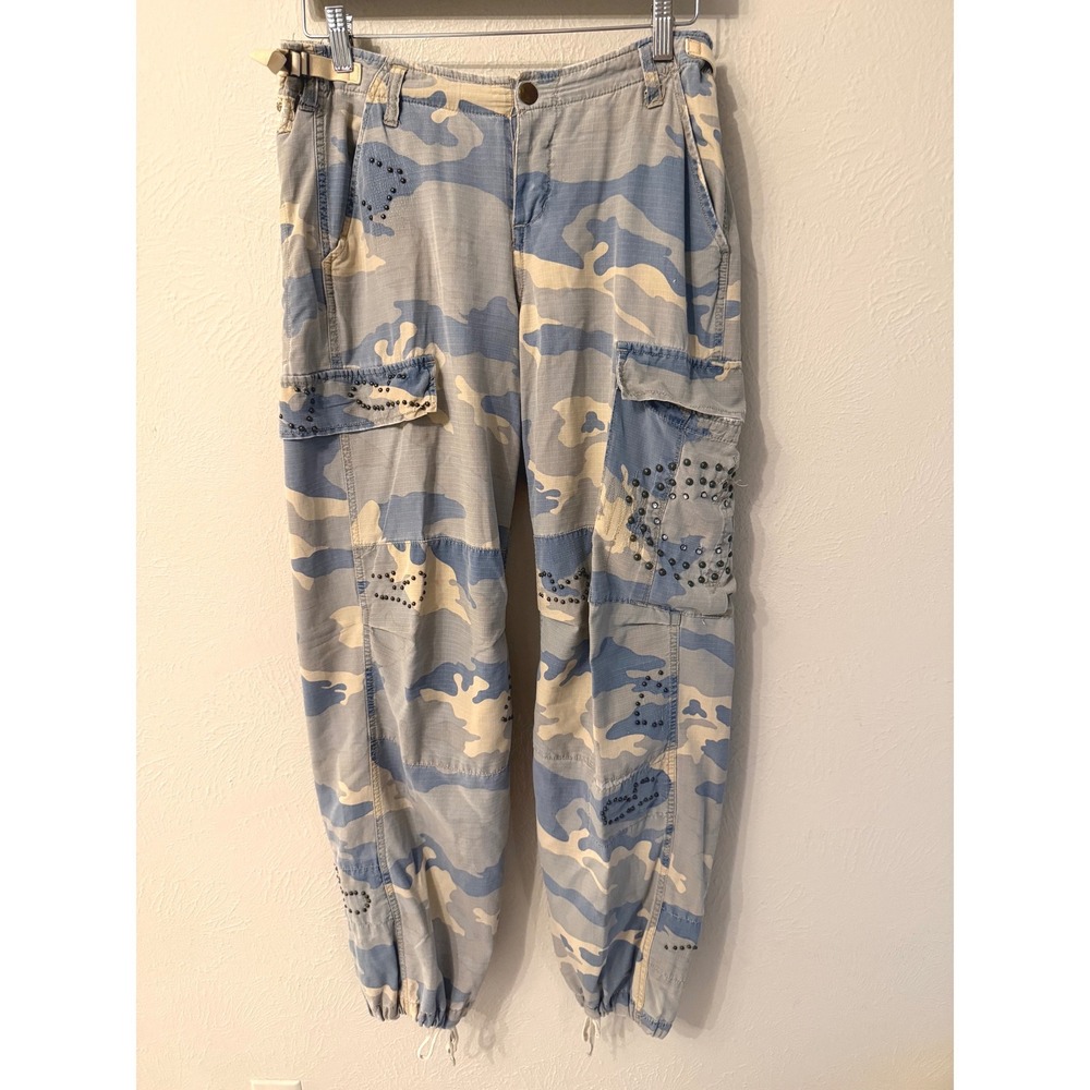 Da-Nang Blue Camo Studded Rhinestone Cargo Pants Ripstop Y2K Cinch ankle